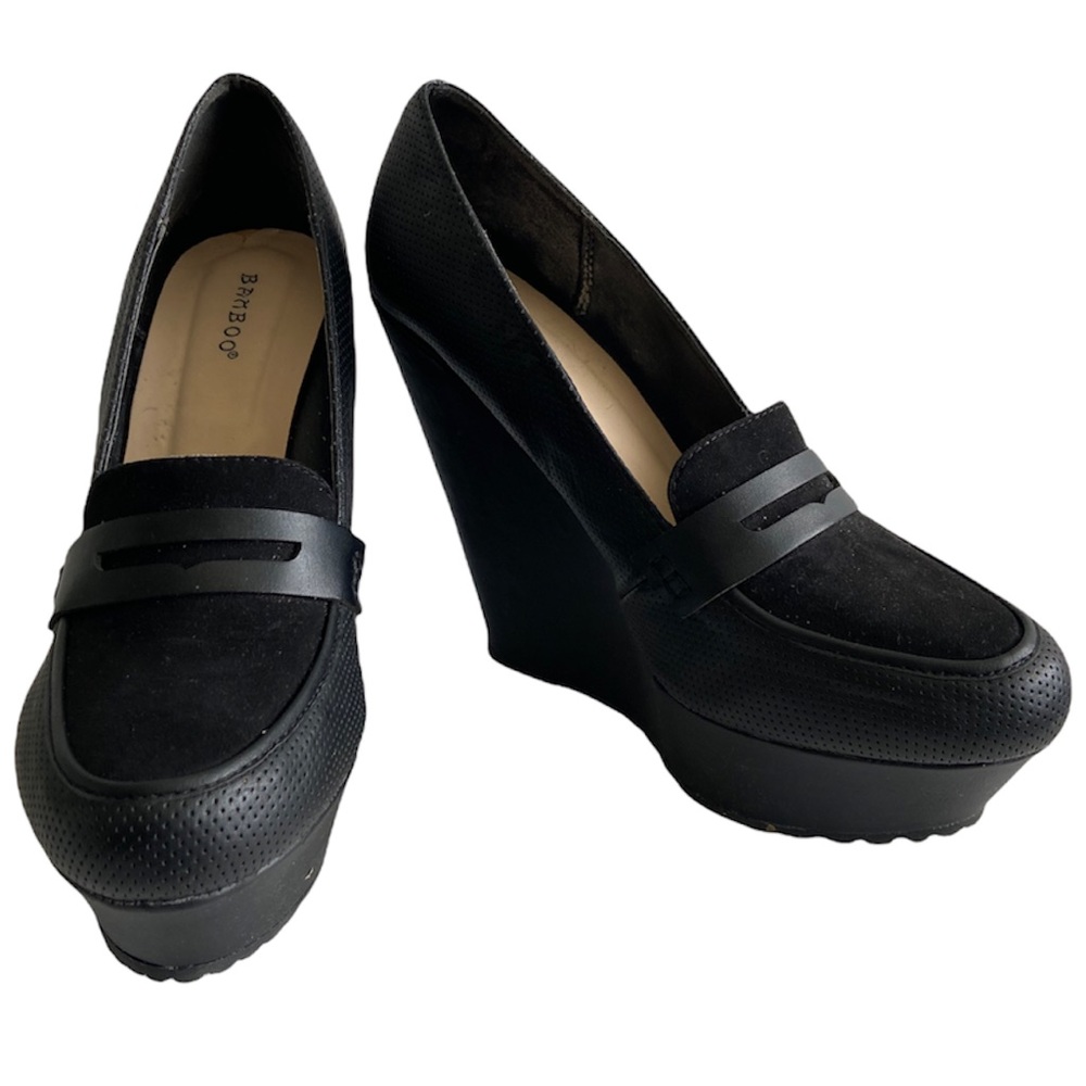 Bamboo Black Perforated Platform Faux Suede and Vegan Leather Loafer Wedges